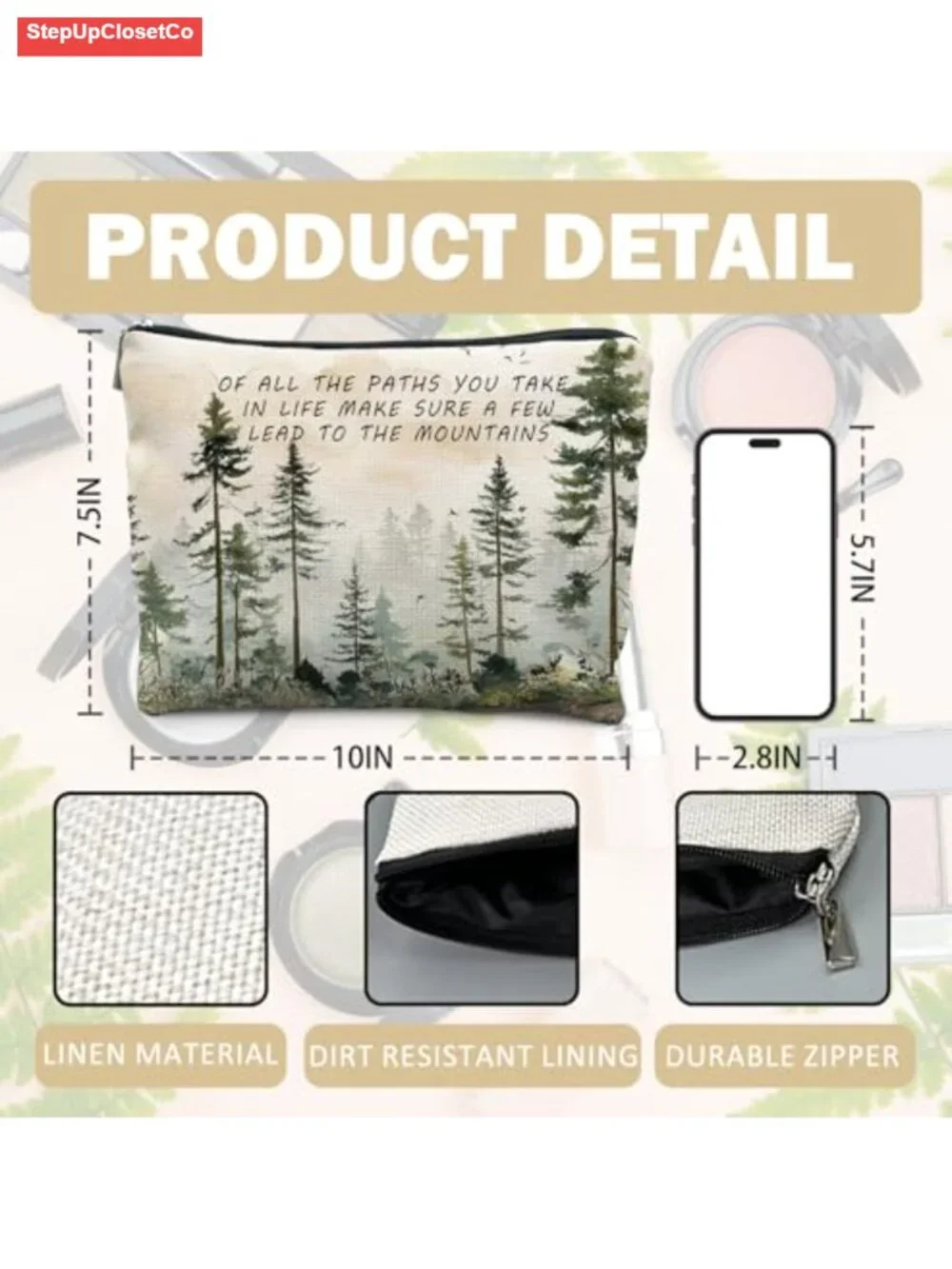 Linen Canvas Cosmetic Bag Travel Toiletry Organizer Pouch for Women Nature